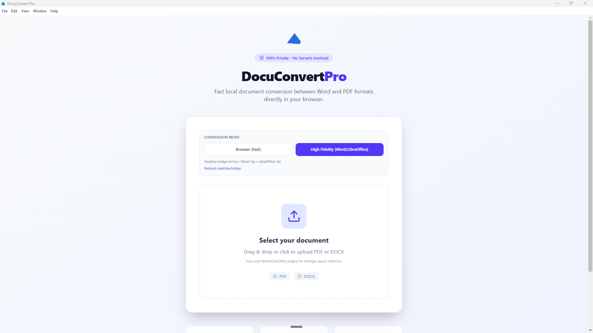 DocuConvert Pro — file upload and mode selection